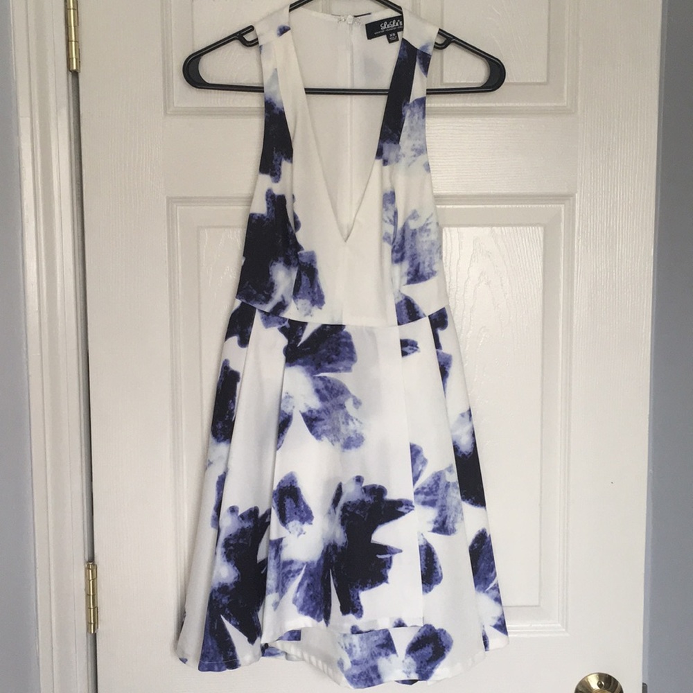 SEEING CHIC BLUE AND IVORY PRINT SKATER DRESS